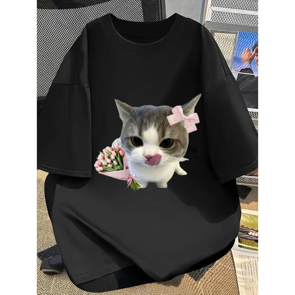 Cute Bow Cat Print T-Shirt Kawaii Kitten with Flowers Graphic Tee Casual Oversized Streetwear Top for Men Women