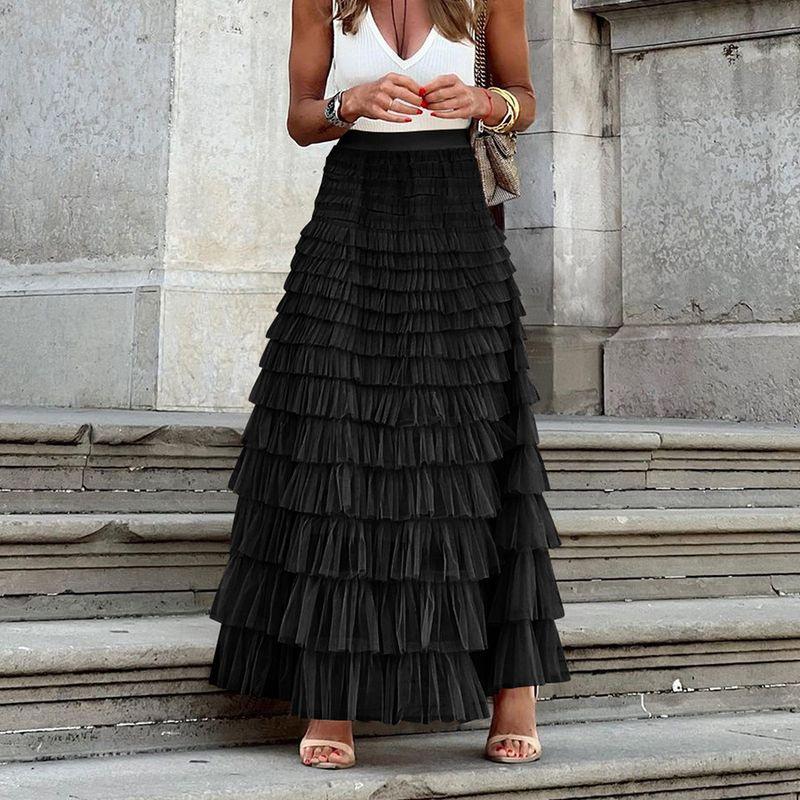 

New French style Long dress Women Autumn European and American Elegant Solid High Waist Mesh Cake Skirt Puffy Skirt GWRA001-Black S