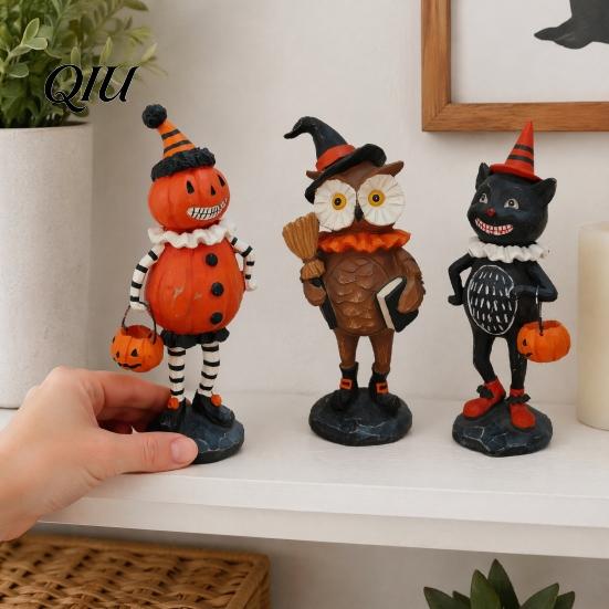 Decorative Resin Crafts Wooden Halloween Figurines, Pumpkin Scarecrow Wizard Owl Black Cat Tiered Tray Seasonal Accents Statue, Rustic Desktop