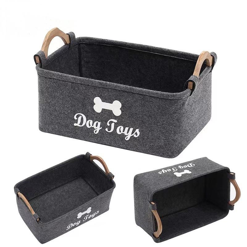 Felt Square Toy Storage Bin with Wooden Handle for Pets