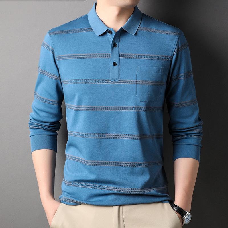 Autumn and Winter New T-shirt Men's Fashion Striped Lapel Polo Shirt Menswear Undershirt Long Sleeve Top T-shirt Men
