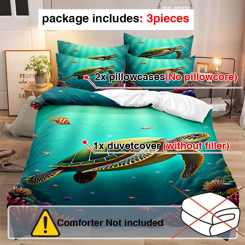 3Pcs Minimalist Modern Duvet Cover Set, 3D Deep Sea Turtle Pattern 1 * Comforter Cover+ 2 Pillowcases, No Insert Included