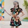 Girls Round Neck Flutter Sleeve Black Tree Floral Printed A Line Flared Dress