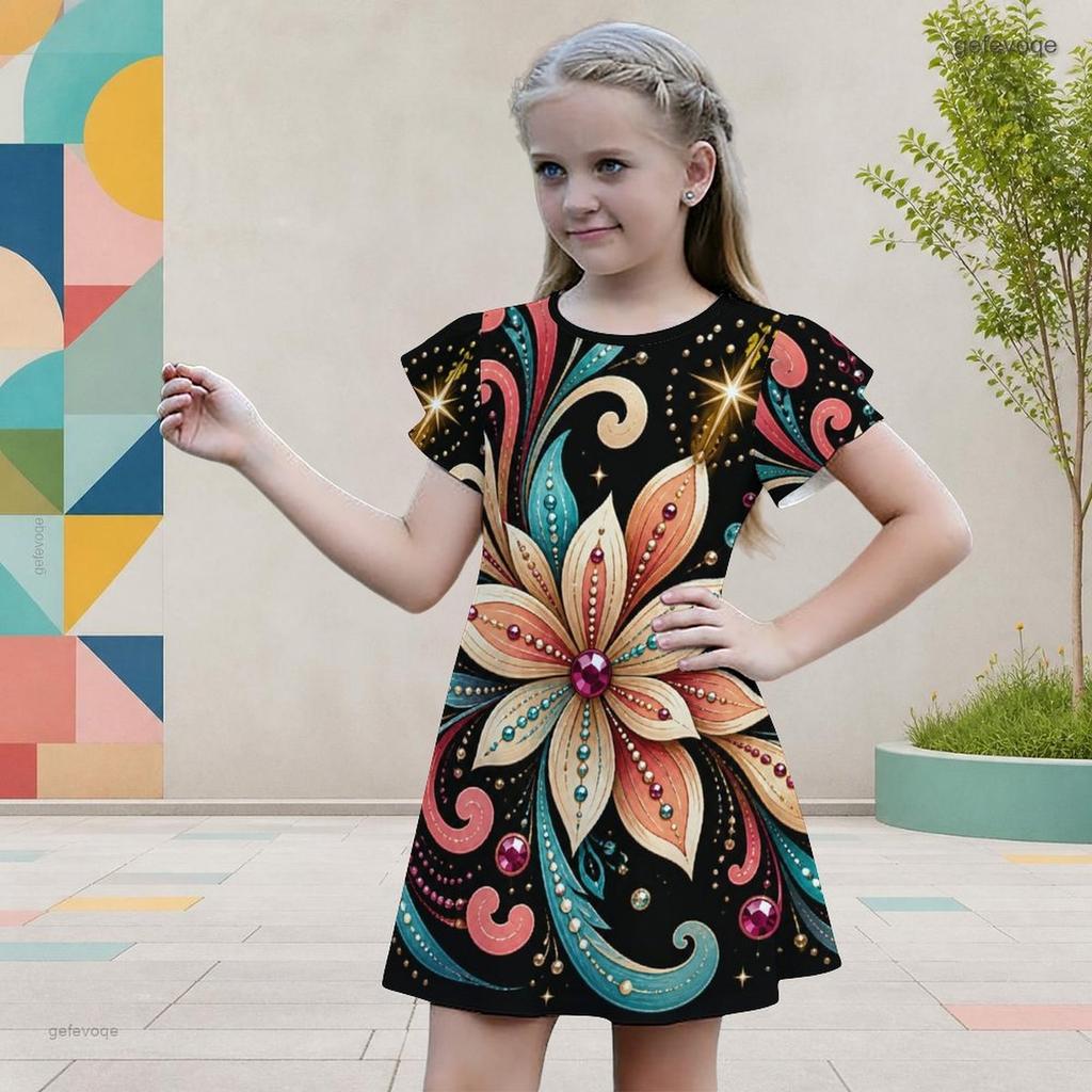 Girls Round Neck Flutter Sleeve Black Tree Floral Printed A Line Flared Dress