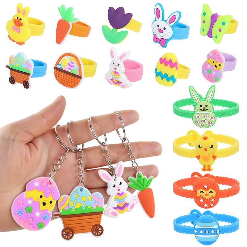 Easter Kids Gift Rabbit Eggs Wristband Silicone Ring Keychains Happy Easter Birthday Party Favors Goodie Bag Basket Filler Toys