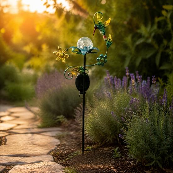 Nature Inspired Outdoor Accents Solar Glass Cracked Ball Garden Light, Butterfly Hummingbird Metal Weather Resistant Lawn Ornaments Stake Waterproof