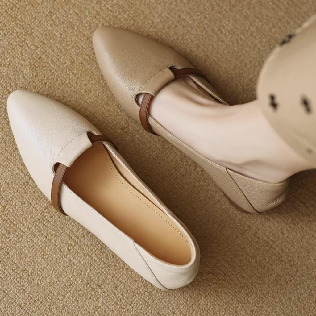 Almond Toe Colorblock Backless Loafers: 3cm French Sheepskin Low Heel Leather Shoes for Women 2025