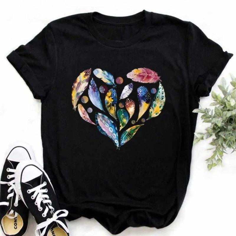 T-shirt Femme Imprimé Cœur Papillon Coloré Plume Rose Haut Décontracté Manches Courtes Pour Passionnés de Mode