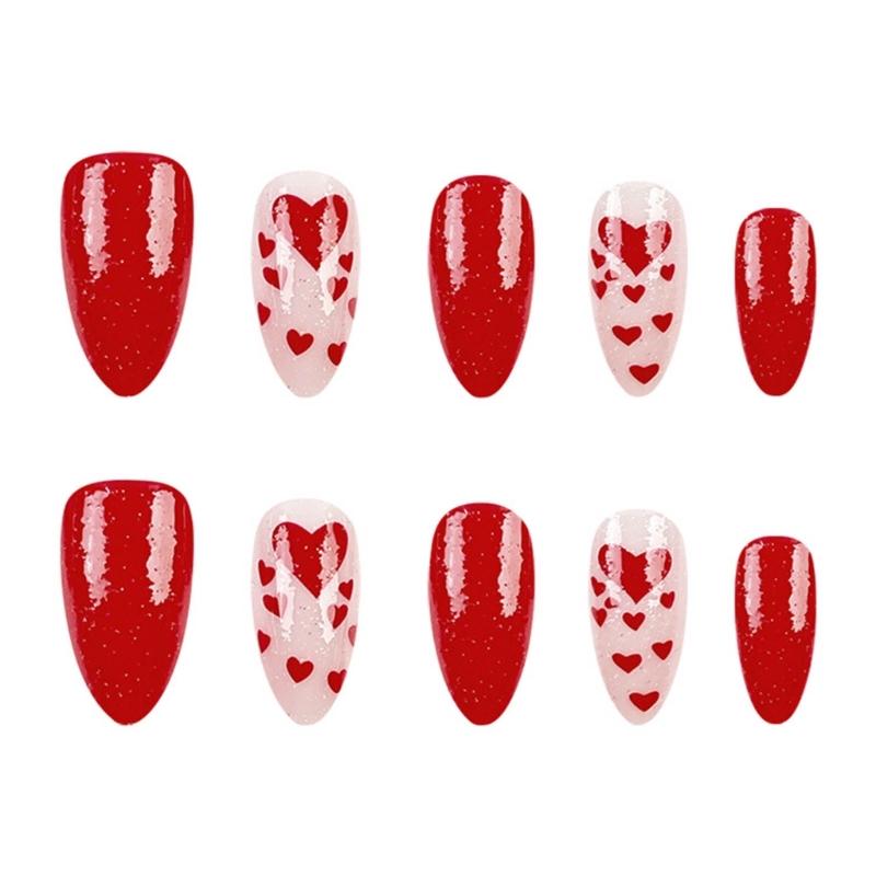 24 Pcs Glittering Full Cover Stick on Nail Valentines Day False Nail Press On Nail Almond Shape Artificial Nail