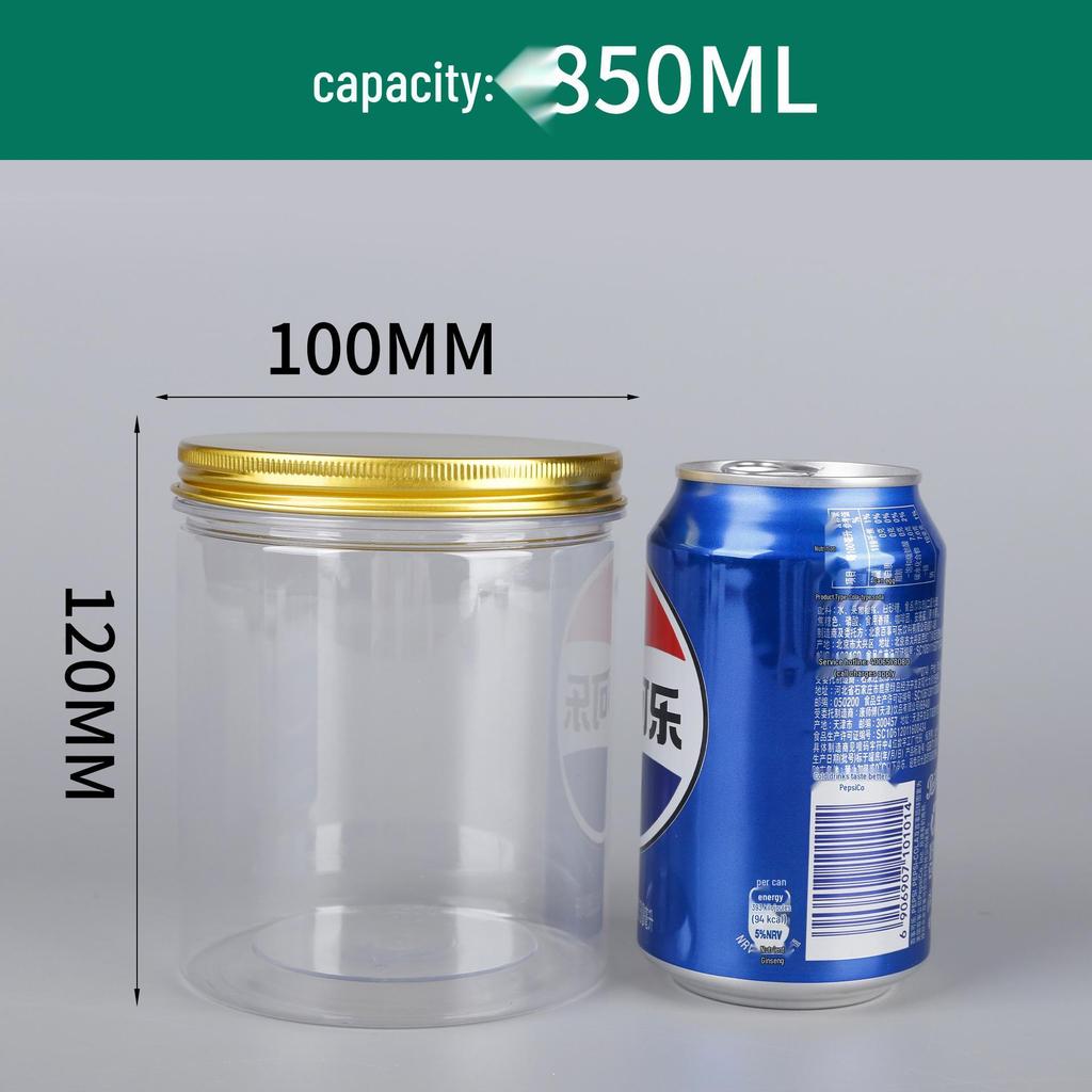 100-Opening Transparent PET Plastic Jar with Aluminum Lid for Kitchen Spices, Nuts, and Snacks