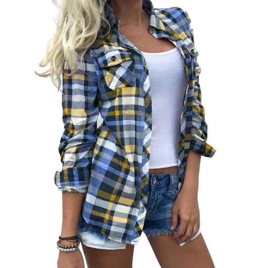 

Женская клетчатая рубашка с отложным воротником, универсальная, для весны и осени, женская рубашка с длинным рукавом для свиданий M синий