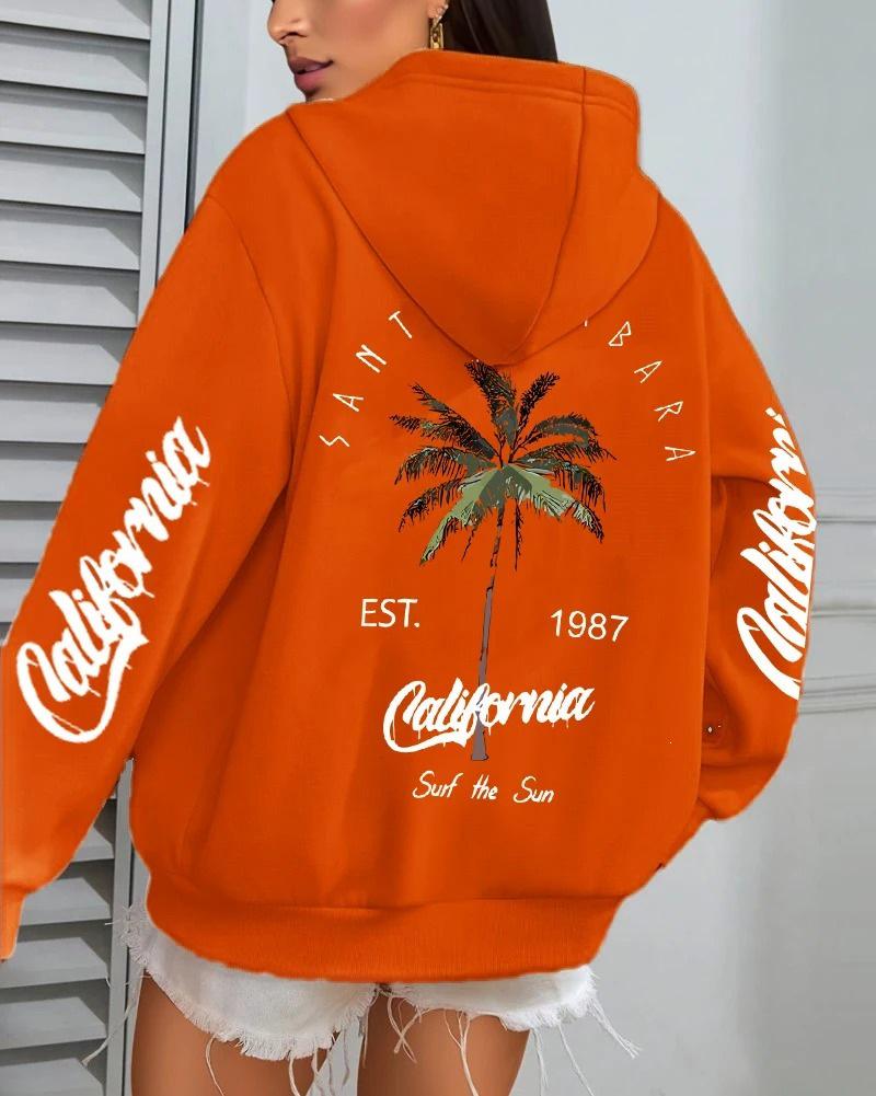 Women's Coconut Tree Print Casual Fleece Hoodie with Pockets