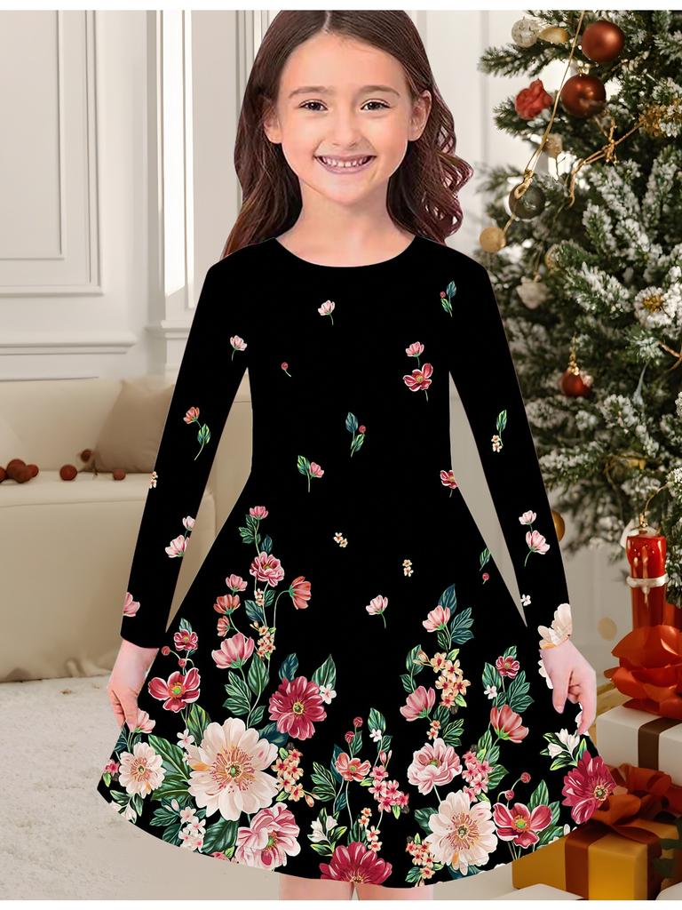 Girls' Autumn and Winter Fashion Dress, 3D Flower Print  Round Neck Long Children's T-shirt Dress, Casual Versatile, Christmas Clothing