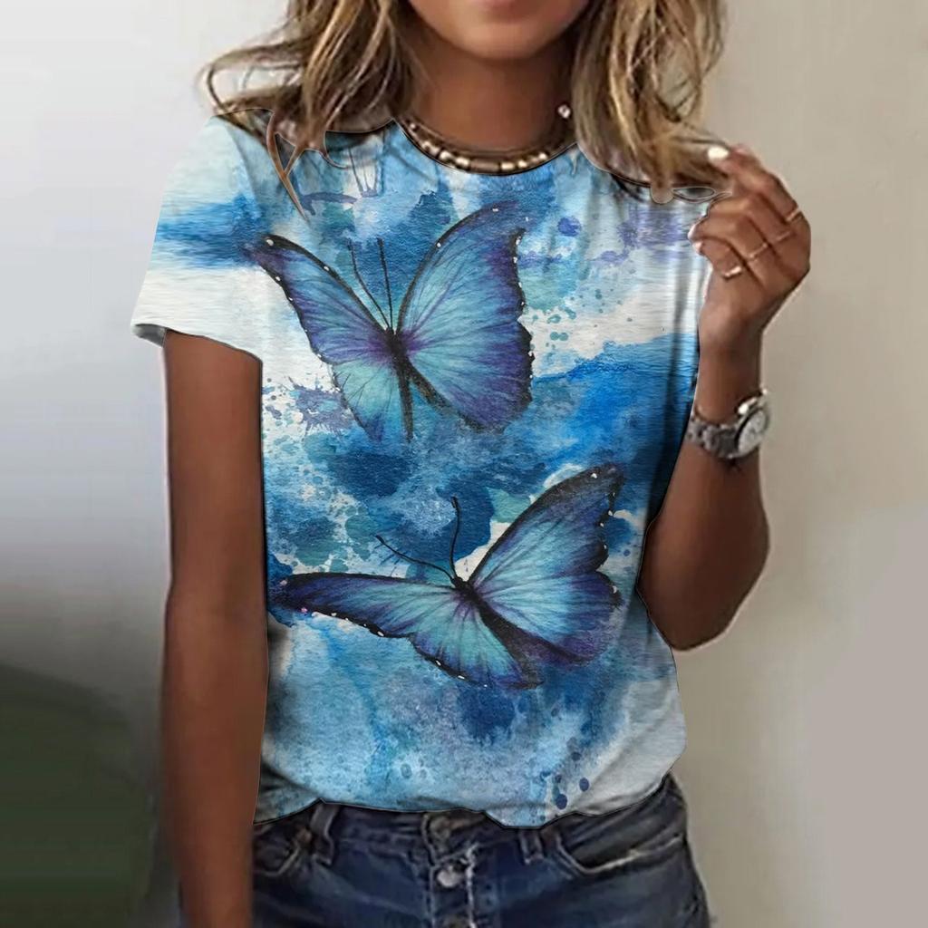 Summer Printed Digital Floral Multi-color Gradient 3D Short Sleeved Women's Round Neck T-shirt