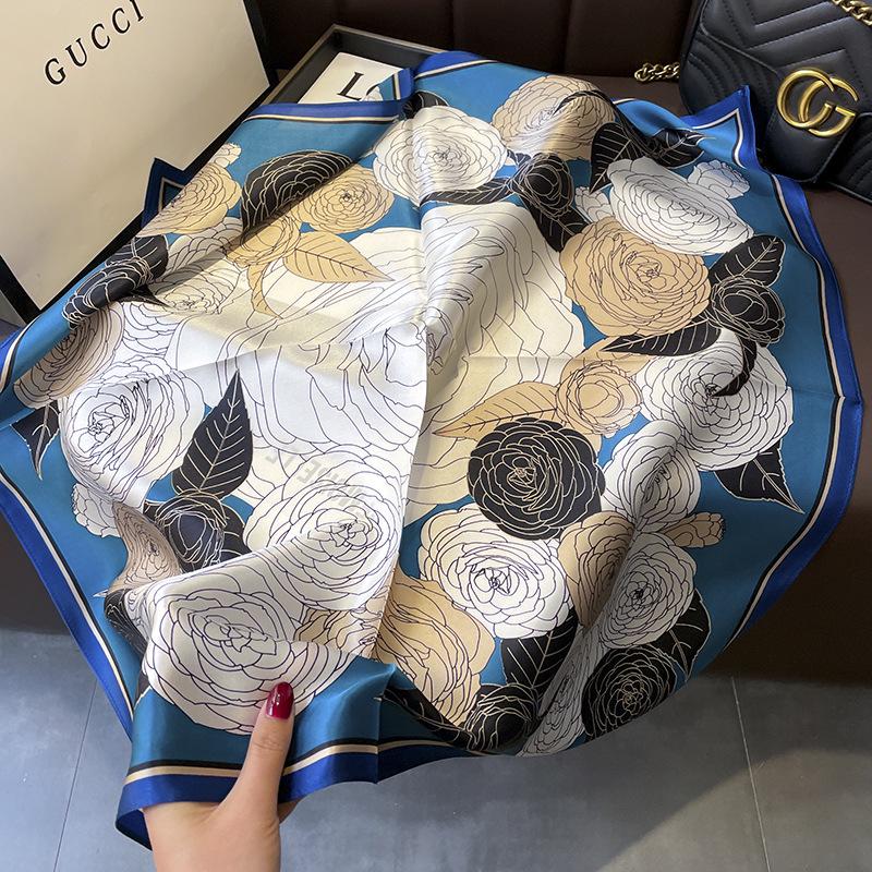 Korean Style Sweet Green Floral Butterfly Faux Silk Scarf - Women’s Versatile Spring/Summer Neck Scarf, 70cm Square.