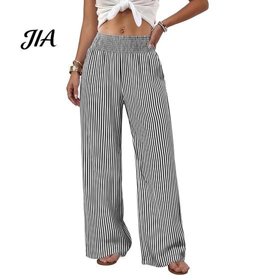 Breathable Loose Trousers Women Striped Wide Leg Pants, Summer Elastic Waist Casual Trousers, Fit Palazzo Pants with Pockets Soft Lounge