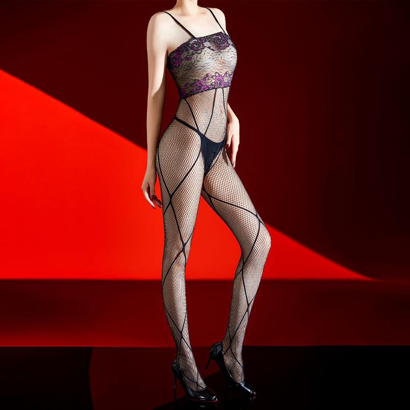 Women Sexy Jumpsuit Sexy Mesh Plaid Lace Bodysuit Open Crotch Stockings Ultra Thin Transparent Floral Embroidery Body Pantyhose