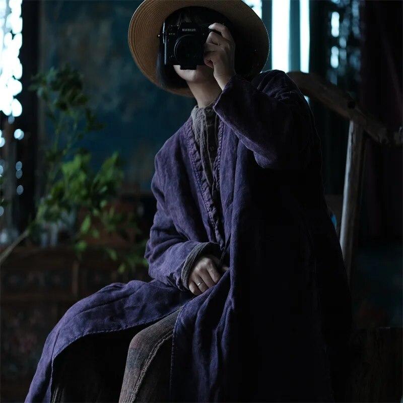 Johnature Women Vintage Linen Winter Parkas Single Button Purple V-Neck  Warm Plus Cotton Coats Chinese Style Parkas