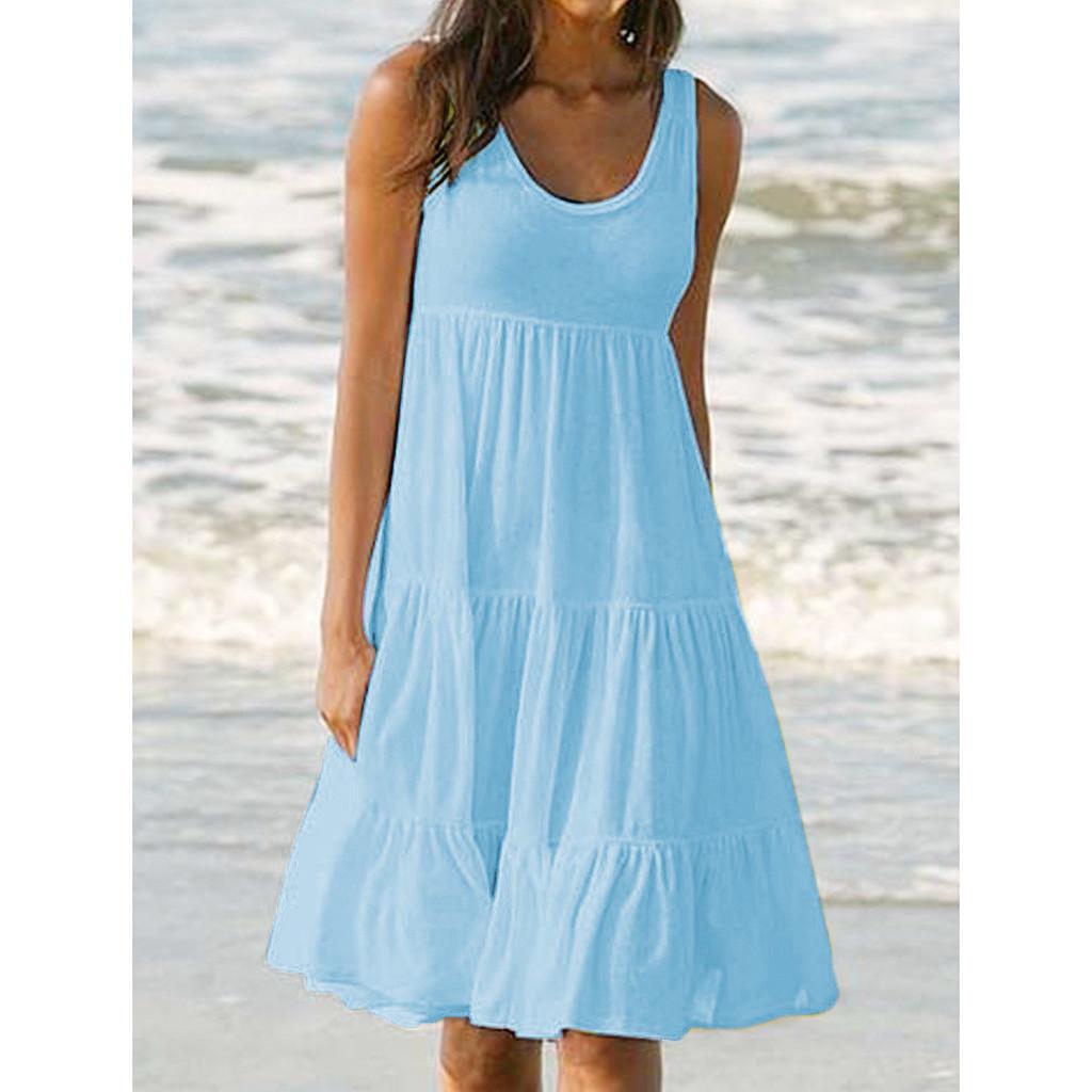 Womens Holiday Summer Solid Sleeveless Party Beach Dress