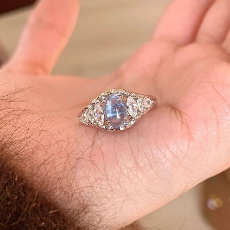 PANJBJ 925 Silver Stars Ring For Women Blue Crystal Opening Sweet Romance Irregular Versatile Jewelry Gift