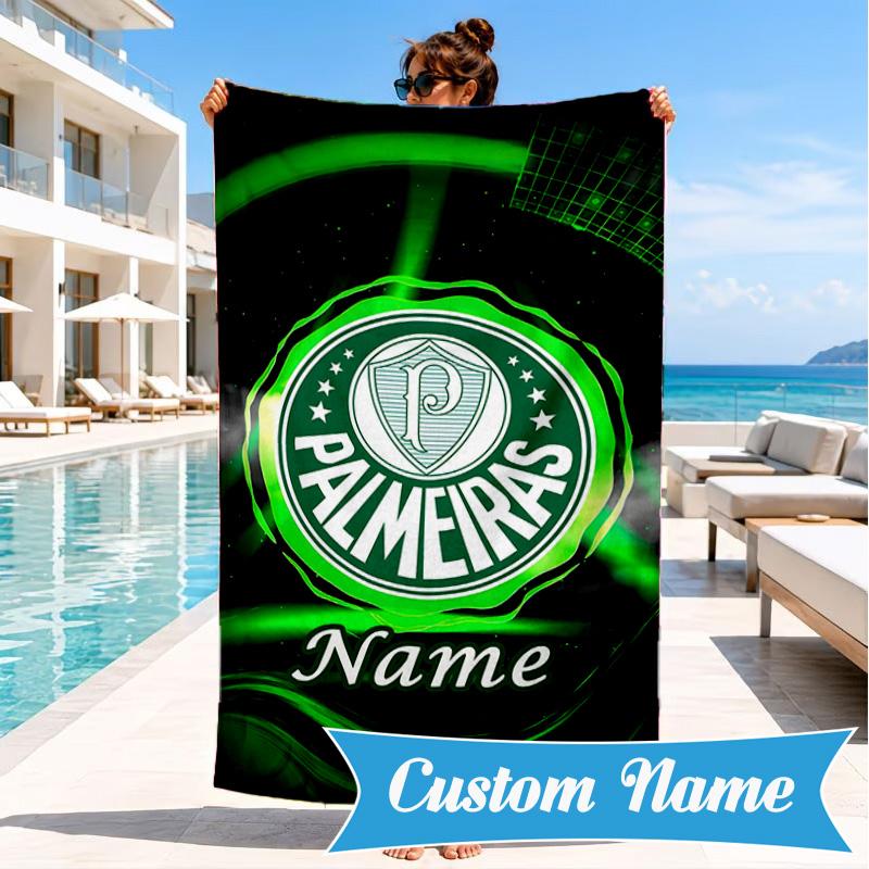 Custom Name Beach Towel Green Palm Tree Emblem Microfiber Beach Towel, Lightweight for Summer Travel, Swimming Pool Fan Birthday Gift
