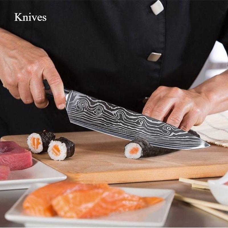 1PC,Damascus Laser Pattern Chef's Knife Bread Knife Stainless Steel Kitchen Knife Cooking Kitchen Knife