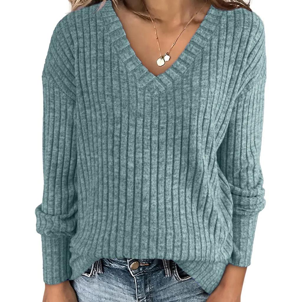Women's V-Neck Long Sleeve Shirts, Casual Fall Tops Lightweight Tunic Sweaters, Ribbed Brushed Knit T-Shirt Top, Perfect for Everyday Wear or Layering