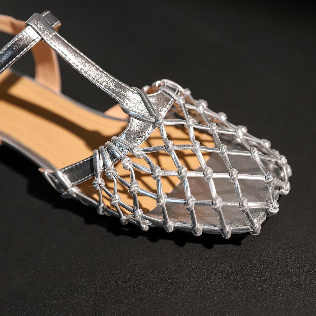 Fashion Women's New Summer European and American Comfortable Leather Cowhide Hollow Bird's Nest Low Heel Baotou Large size Roman Sandals