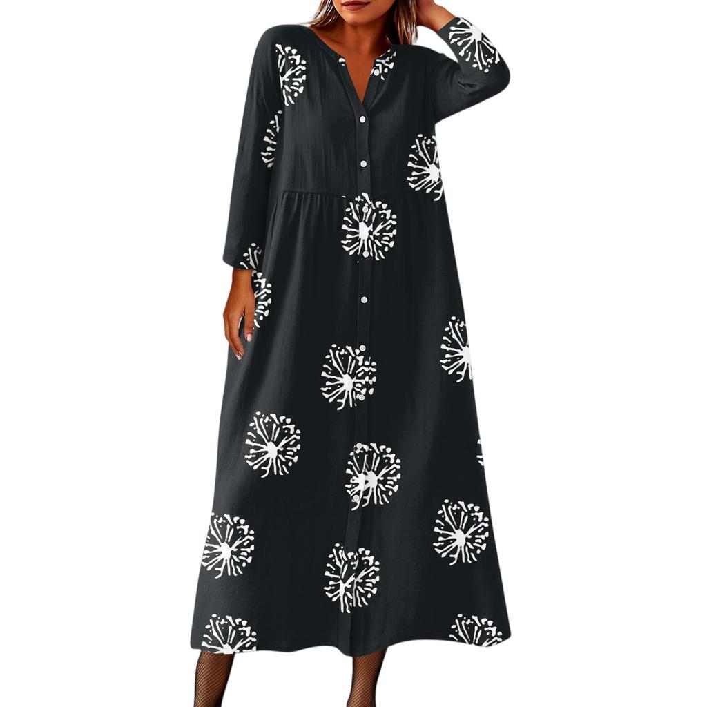 Women's Fashionable Printed Round Neck Seven Quarter Sleeve Button Loose Shirt Dress