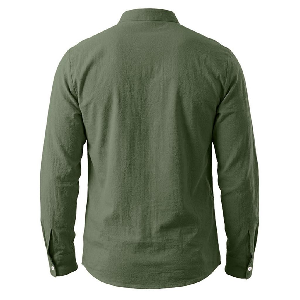Men's Cotton-Linen Drawstring Collar Long-Sleeve Top Men's Casual Stylish Long-Sleeve Shirt