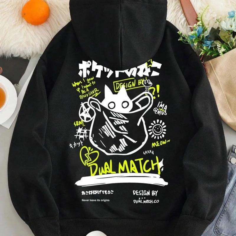 Japan Style Black Cat Hoodie Men Women Outdoor Street Casual Fashion Sport Cartoon Longsleeve Adult Autumn Winter Sweatshirt Top