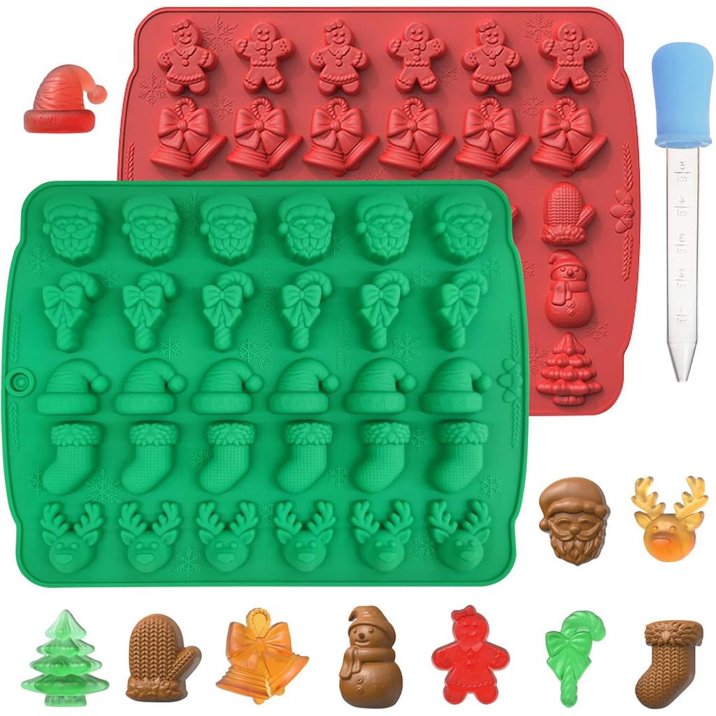 Christmas Candy Molds, 2 Pcs 30 Cavity Christmas Gummy Molds, Silicone Christmas Chocolate Molds, Red & Green