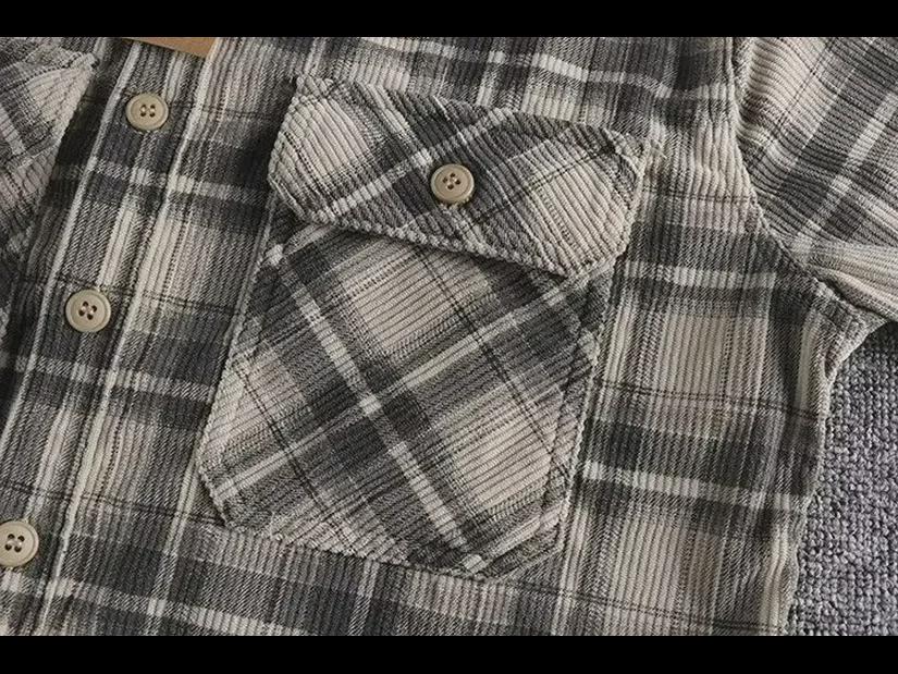 Men's Retro Khaki Plaid Corduroy Shirt - Spring/Fall Classic with Long Sleeves