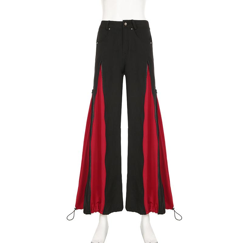 Dámské Zip Splicing Barva Kontrast Osobnost Spice Girl Nízký pas Zeštíhlení Volné Široké nohavice Denim Kalhoty pro volný čas