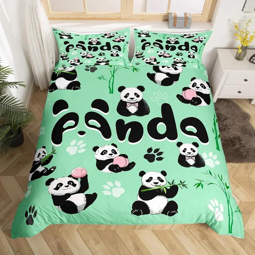 Panda Duvet Cover Cute Cartoon Animal Bedding Set Green Bamboo Print Comforter Cover Lovely Wild Animal Panda Bedspread Cover