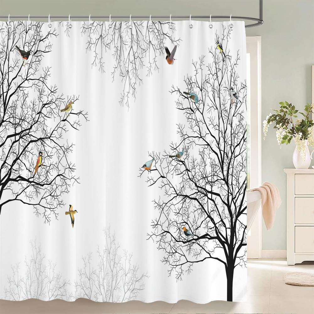 Modern Tree Shower Curtain, Forest and Tree Leaves Bathroom Decorative Shower Curtain, Waterproof Shower Curtain with Hooks