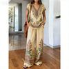 1116 Printed Cotton-Linen Shirt Wide-Leg Pants Two-Piece Set, Bohemian Style Vacation Casual Set for Women Y1