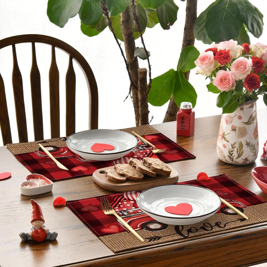 Valentine Placemats Set of 4, 12x18 Inch Black Red Buffalo Plaid Hearts Truck Love Table Mats for Party Kitchen Dining Decoration