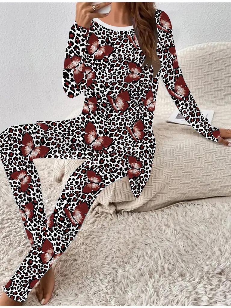 Moda Euro-Americana Stampa Leopardo 3D T-shirt a Maniche Lunghe da Donna + Pantaloni Lunghi Set Due Pezzi. Regalo perfetto