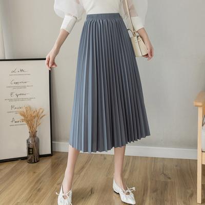 Women Pleated Skirt Elastic High Waist Solid Color Midi Skirt Soft Breathable Fabric Versatile Style Casual Skirt