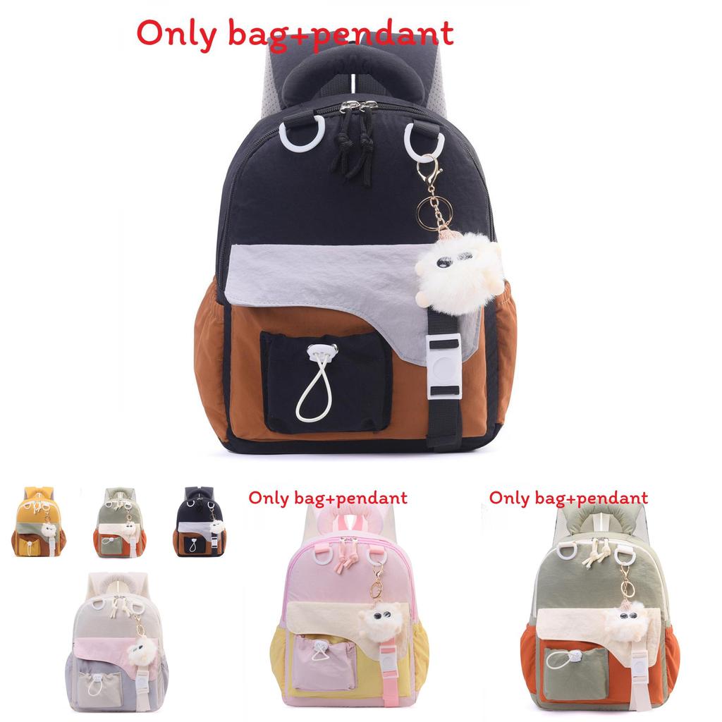 Childrens Color Blocked Backpack With Plush Pendant For School Use