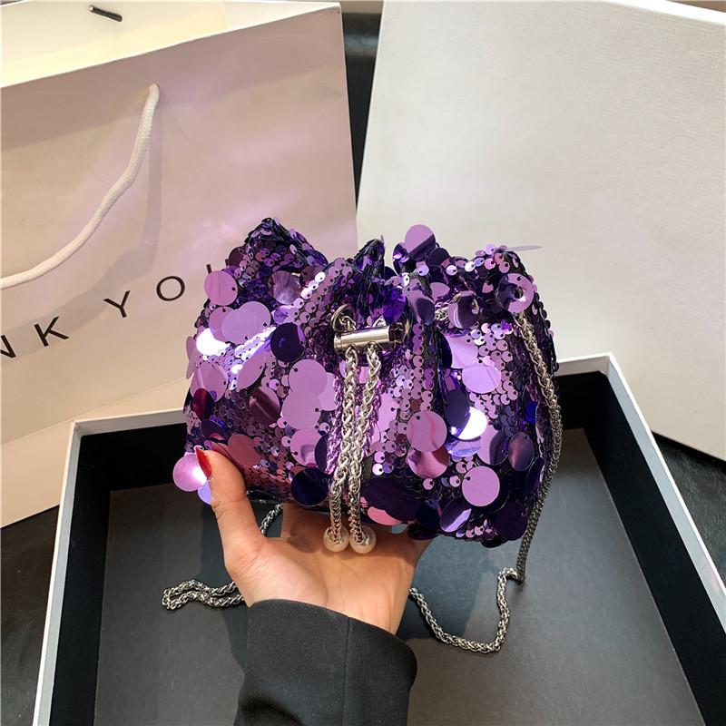 Shiny Fringe Sequin Evening Street Fashion Pu Bucket Bag 2024 New Trendy Chic Drawstring Large Capacity Stylish Handbag