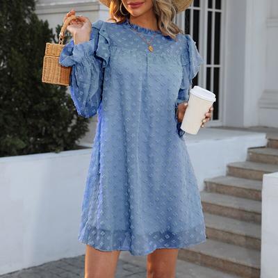 2023 produto plissado manga longa sólido chiffon vestido casual oco para fora floco de neve dot vestido elegante jacquard vestido solto 24884