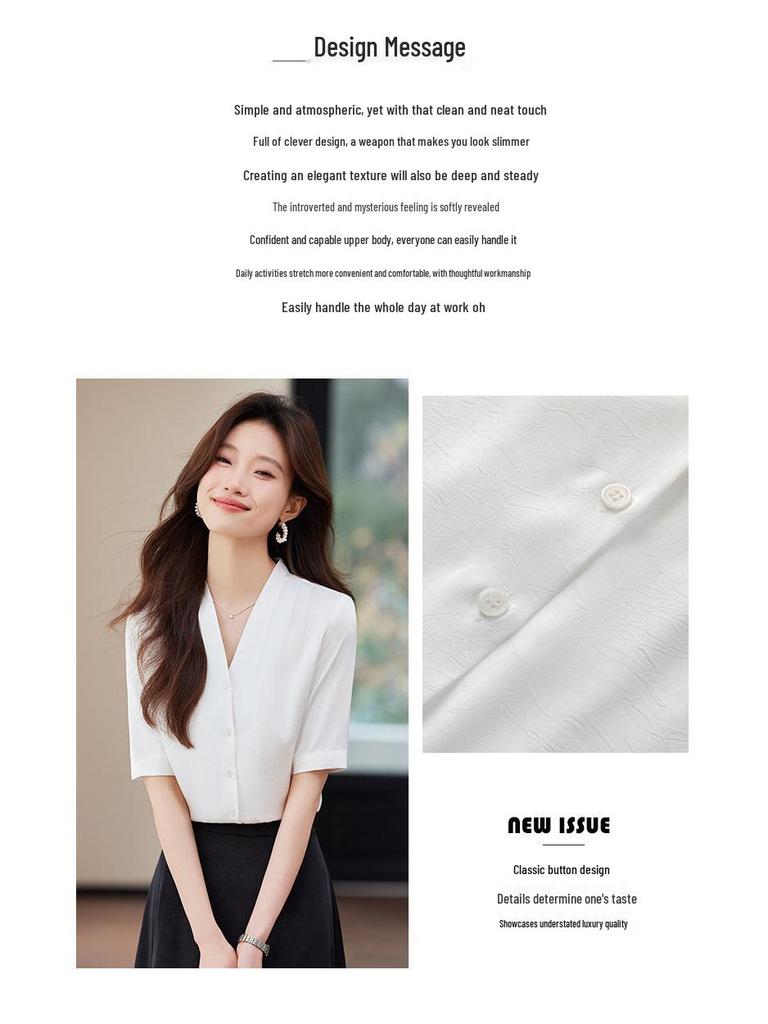 Women's Wrinkle-Resistant Chiffon V-Neck Short Sleeve Blouse - Professional Summer Top