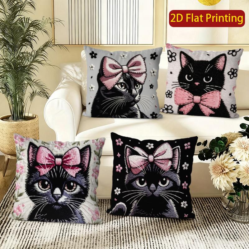 Cute Girly Black Cat Bow Throw Pillow Covers Pattern Cushion Cover Suitable For Sofa Bedroom Car Pillow Cover