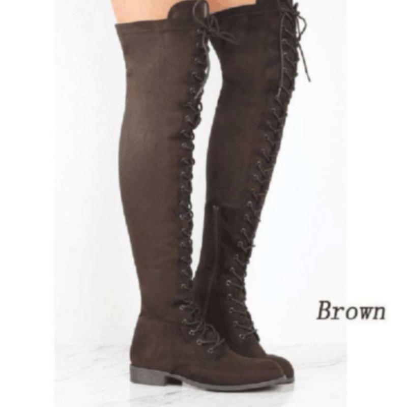 Herbst- und Winter-Neuheiten, runde Spitze, quadratischer Absatz, dünne Schnür-Kniestiefel, europäische und amerikanische Reiterstiefel, Damenstiefel