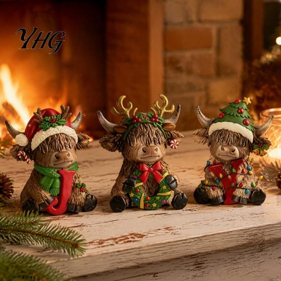 Stylish Home Decor Ornaments 3Pcs Christmas Highland Cow Figurine, Resin Yak Statues with JOY Letter Sign, Modern for Farmhouse Tabletop Ornaments,