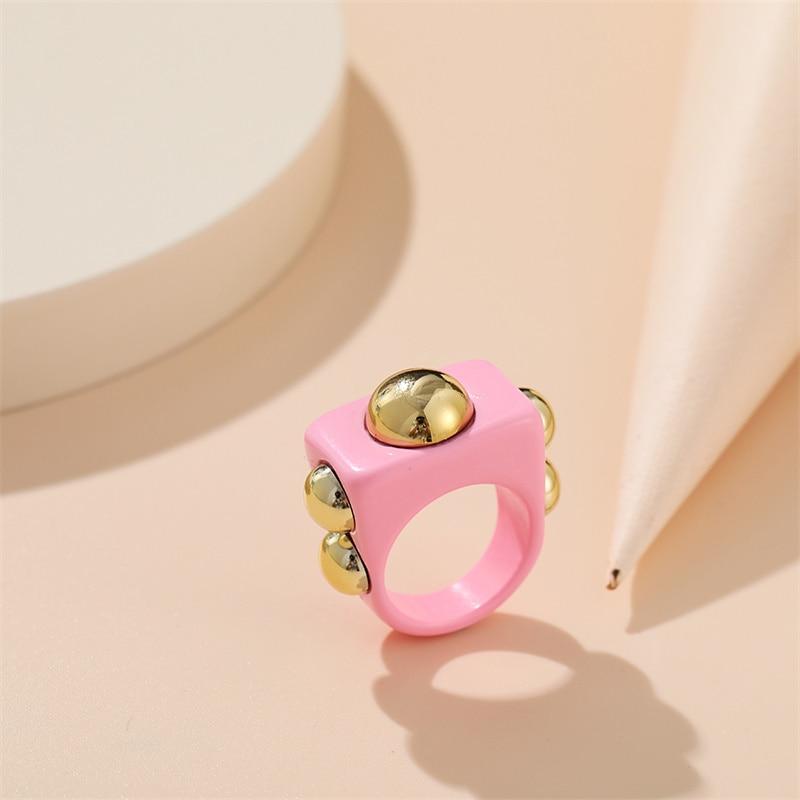 iF ME Chunky Aesthetic Large Colorful Golden Bead SquareTransparent Resin Acrylic Rings for Women Girl DIY Knuckle Party Ring Jewelry