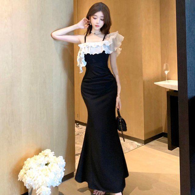 2025 Summer Elegant One-Shoulder Ruffle Dress: Pure Desire Style S чёрный