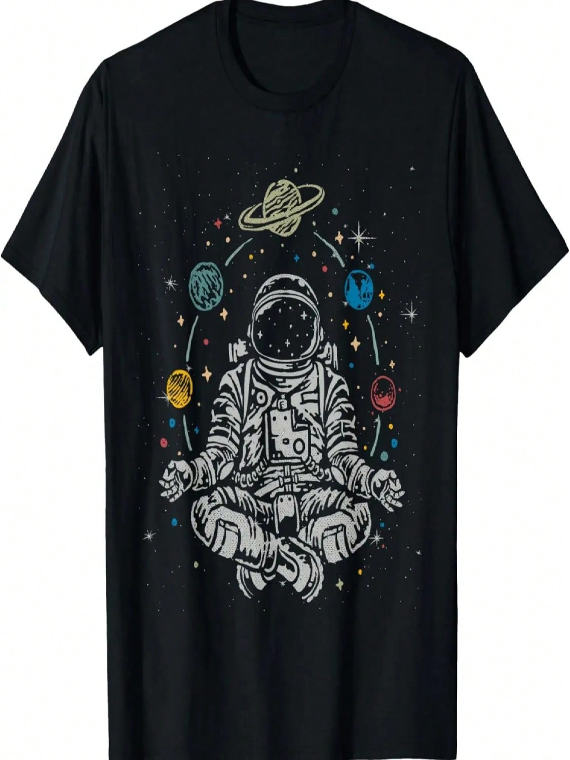 Vintage Lotus Meditating Astronaut Zen Yoga Planets Universe T-Shirt S разноцветный